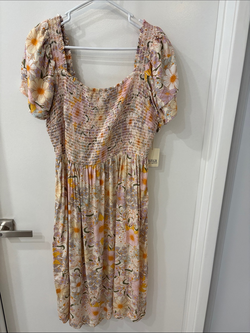 a.n.a Floral Smocked Midi Dress in Cream, Pink & Yellow NWT XLarge